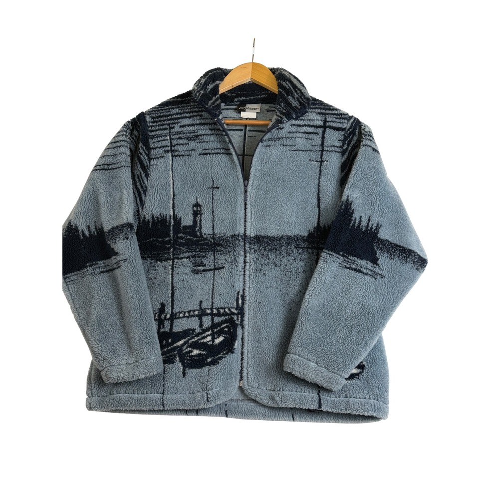 Artisans Nautical Sailboat Lighthouse Fleece Zip Jacket Blue Medium